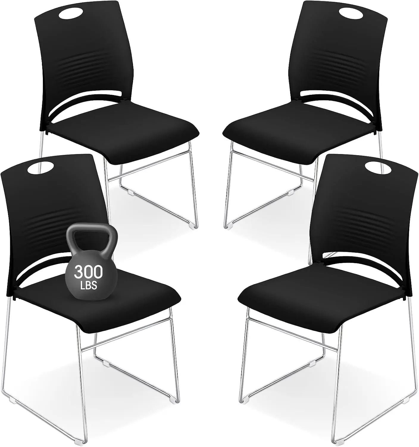 Stackable Sled Base Chairs for Office, Conference, Reception, 4 Pack, Black