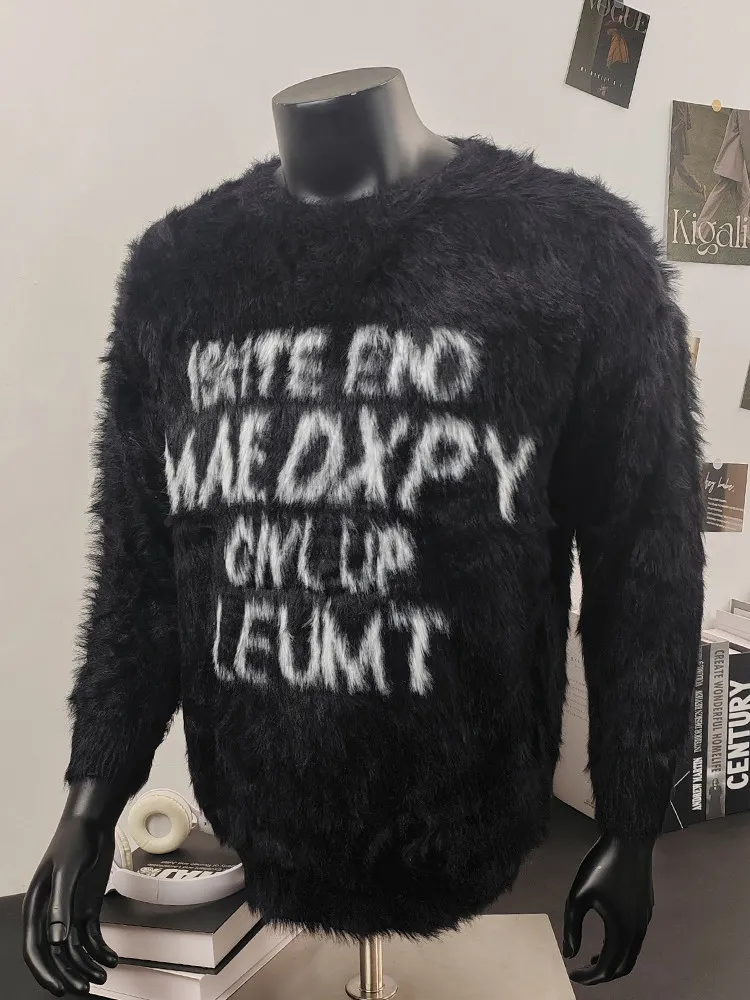 

Мужской вязаный свитер American Street Style из мягкого норкового трикотажа с надписью, осенне-зимний, повседневный, модный, с круглым вырезом