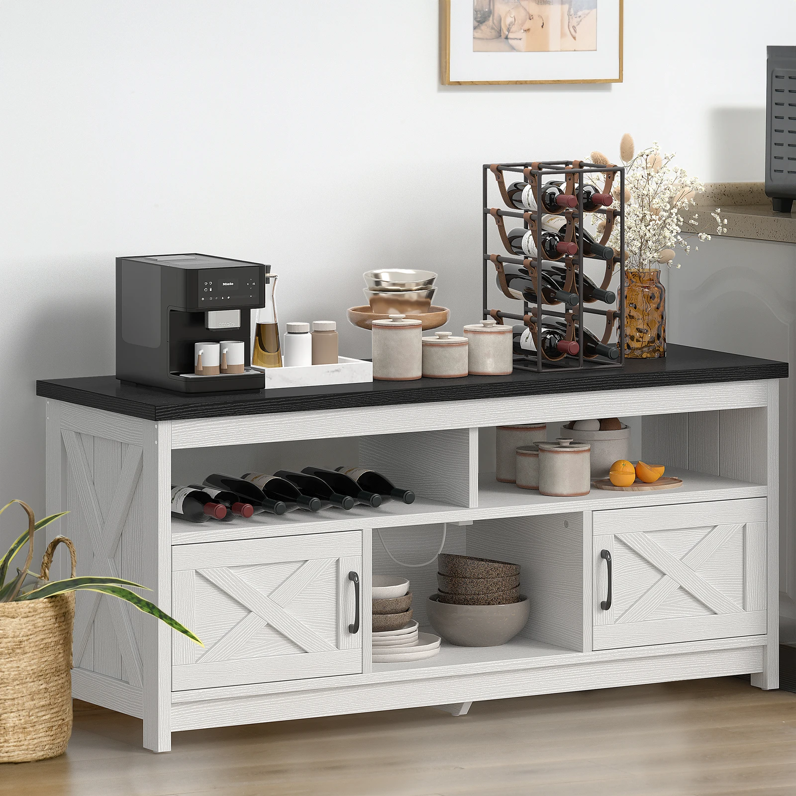 

59'' Coffee Bar Cabinet Sideboard Buffet Barn Door with Power Outlets