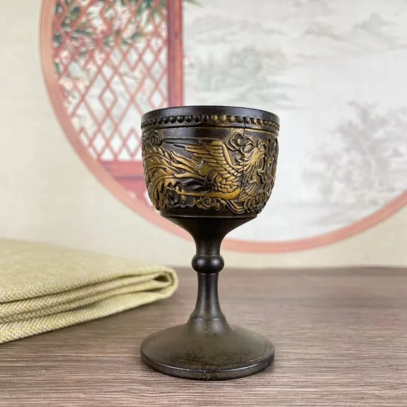 unisex Oriental Retro Relief Dragon Phoenix Goblet Alloy Vintage Decorative Wine Vessel Tabletop Collectible Gift