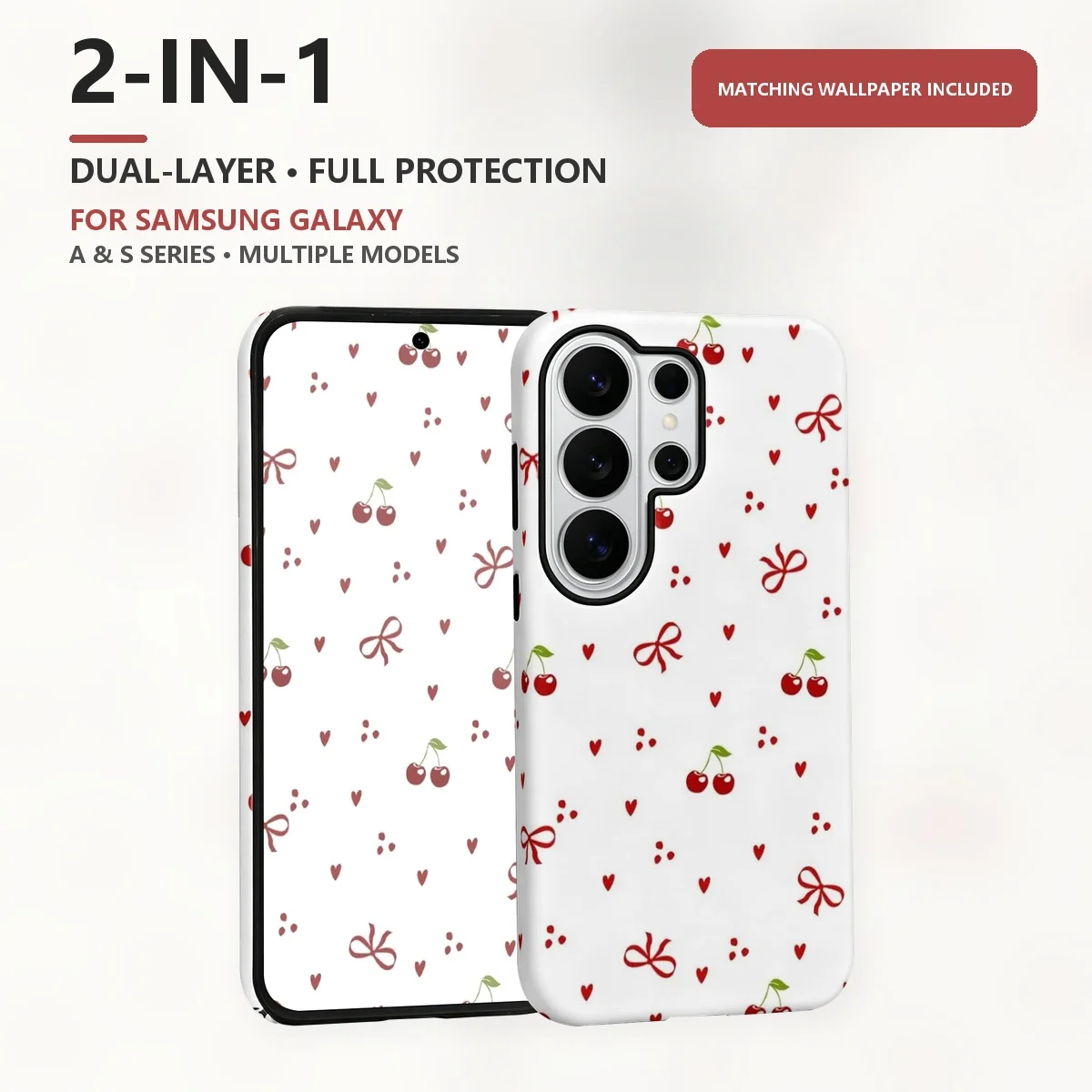 Red Cherry Bow Pattern 2-in-1 Dual-Layer Phone Case for Samsung Galaxy S26 S25 S24 Plus Ultra FE S20 FE A56 A17 A16 A15