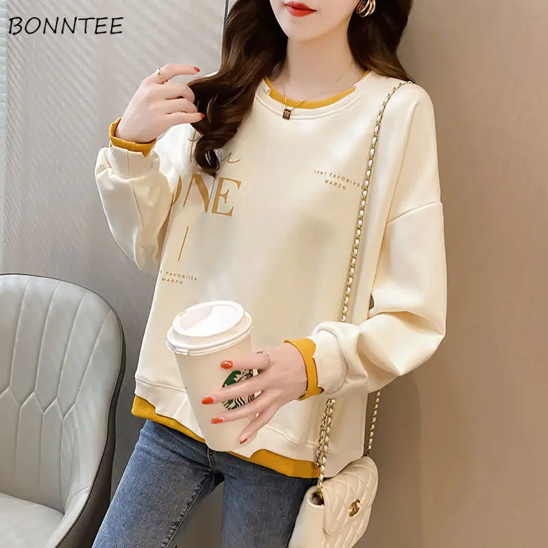 

Sweatshirts Women Autumn Fake Two Pieces Daily Students Minimalist Girlish Sporty O-neck Leisure Loose Sweet Baggy Ulzzang Retro