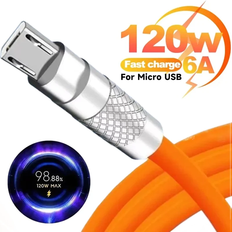 Zinc Alloy Micro USB Mobile Phone Cable Fast Charger Data Cord for Samsung Xiaomi Huawei 120W 6A Cellphone Charger Wire Cords