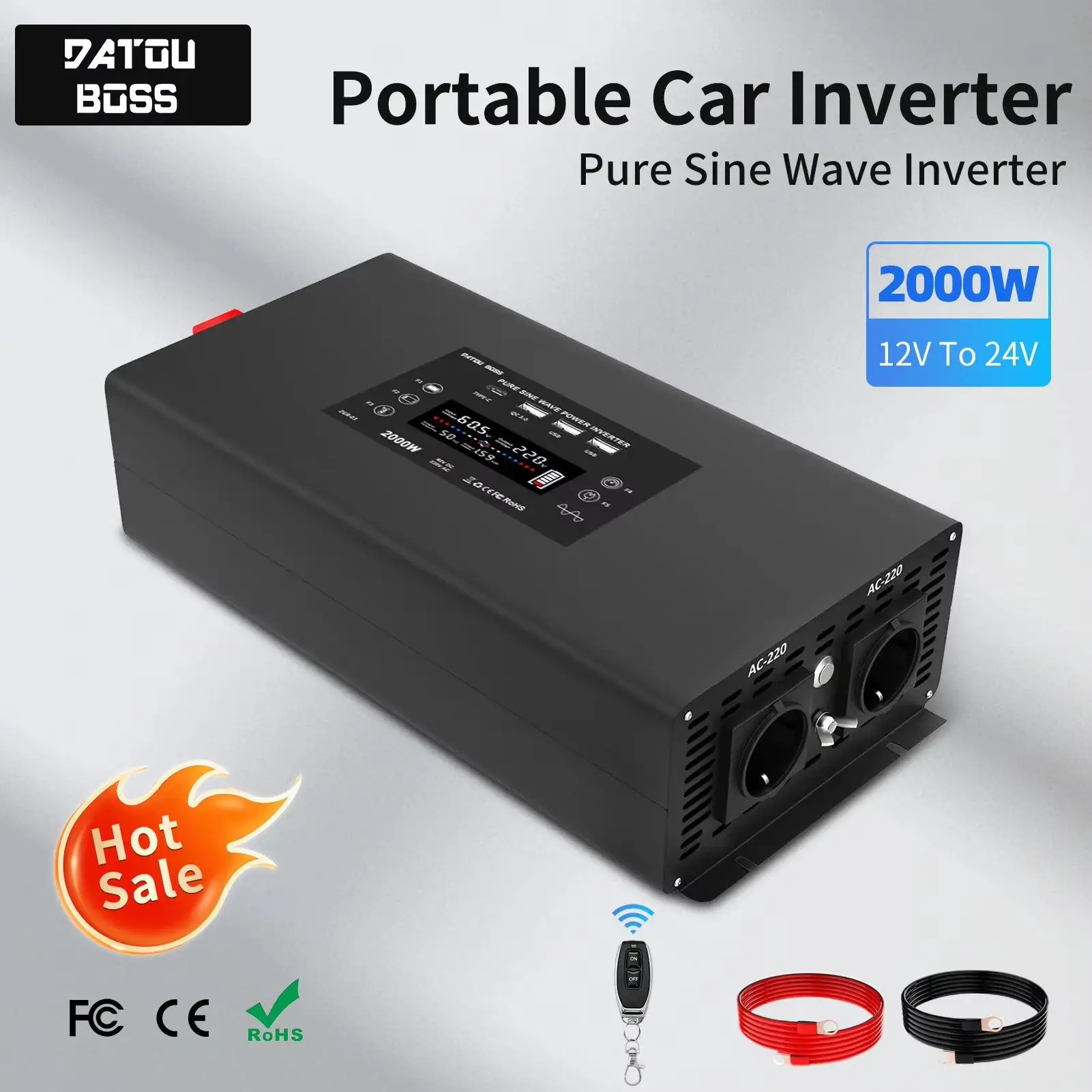 DATOUBOSS DN-03 inversor de onda sinusoidal pura DC12V-60V a AC220V-240V inversor portátil para coche potencia continua 2000W potencia máxima 4000W