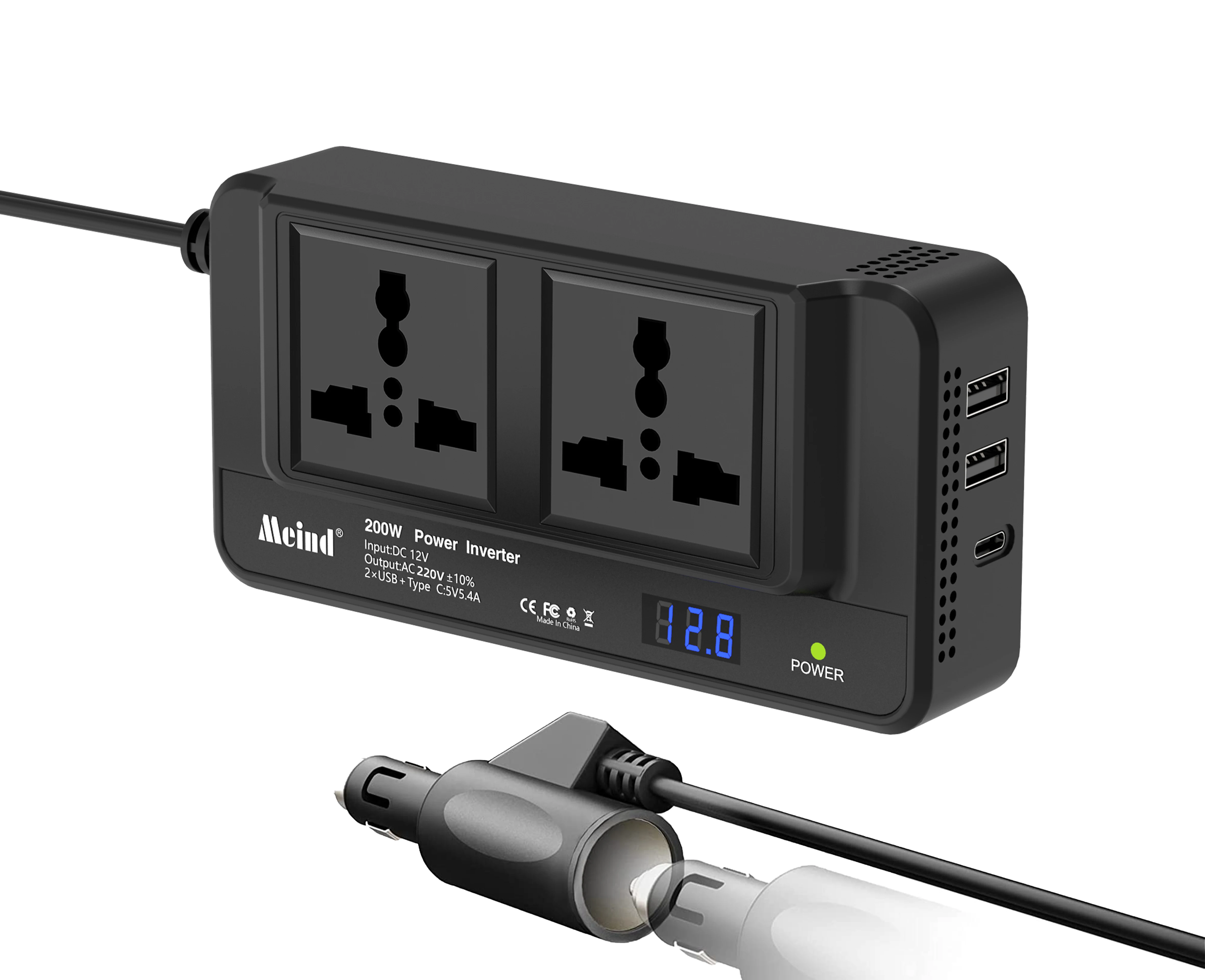 

Meind 200W Car Inverter with 2 AC Outlets 3 USB Ports DC 12V to AC 220V Power Inverter for Car