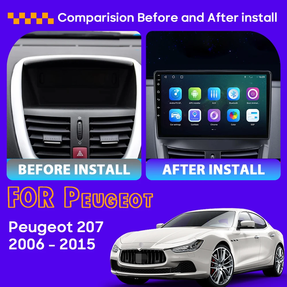 Car Multimedia For Peugeot 207 2006 - 2015 Android Auto Head Unit Radio Player Carplay GPS BT 4G Navigation No 2din DVD WIFI 2K