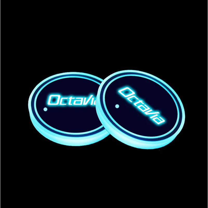 LED Car Water Cup Mat For Skoda VRS Fabia Octavia Yeti Superb Scala Kamiq Kodiaq Rapib Citigo Auto Decorative Atmosphere Lights