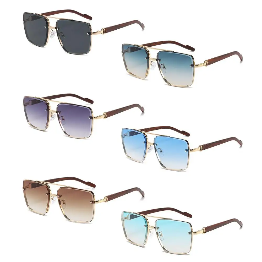 

Double Bridge Metal Sunglasses Wood Grain Temple Square Frame Summer Shades Gradient Lenses Men's Driving Sun Glasses Unisex