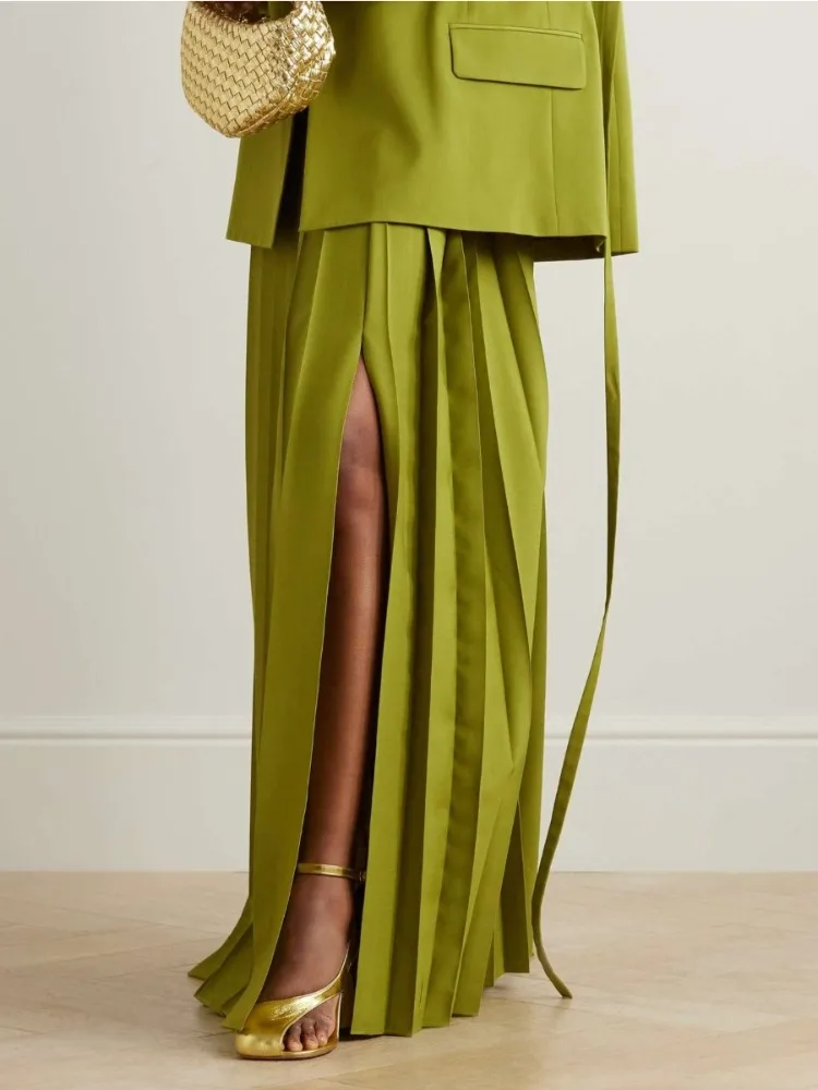 

Beautyblue Elegant Retro Green Pleated Skirt Women's Long Skirts Fashion Loose High Waisted Split-Side with Belt Luxury Bottoms