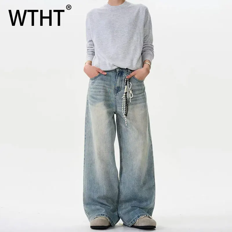 

WTHT Fashion Men's Wash Do Old Straight Casual Denim Pants Vintage High-waisted Wide Leg Jeans Male 2026 Summer 2A2983