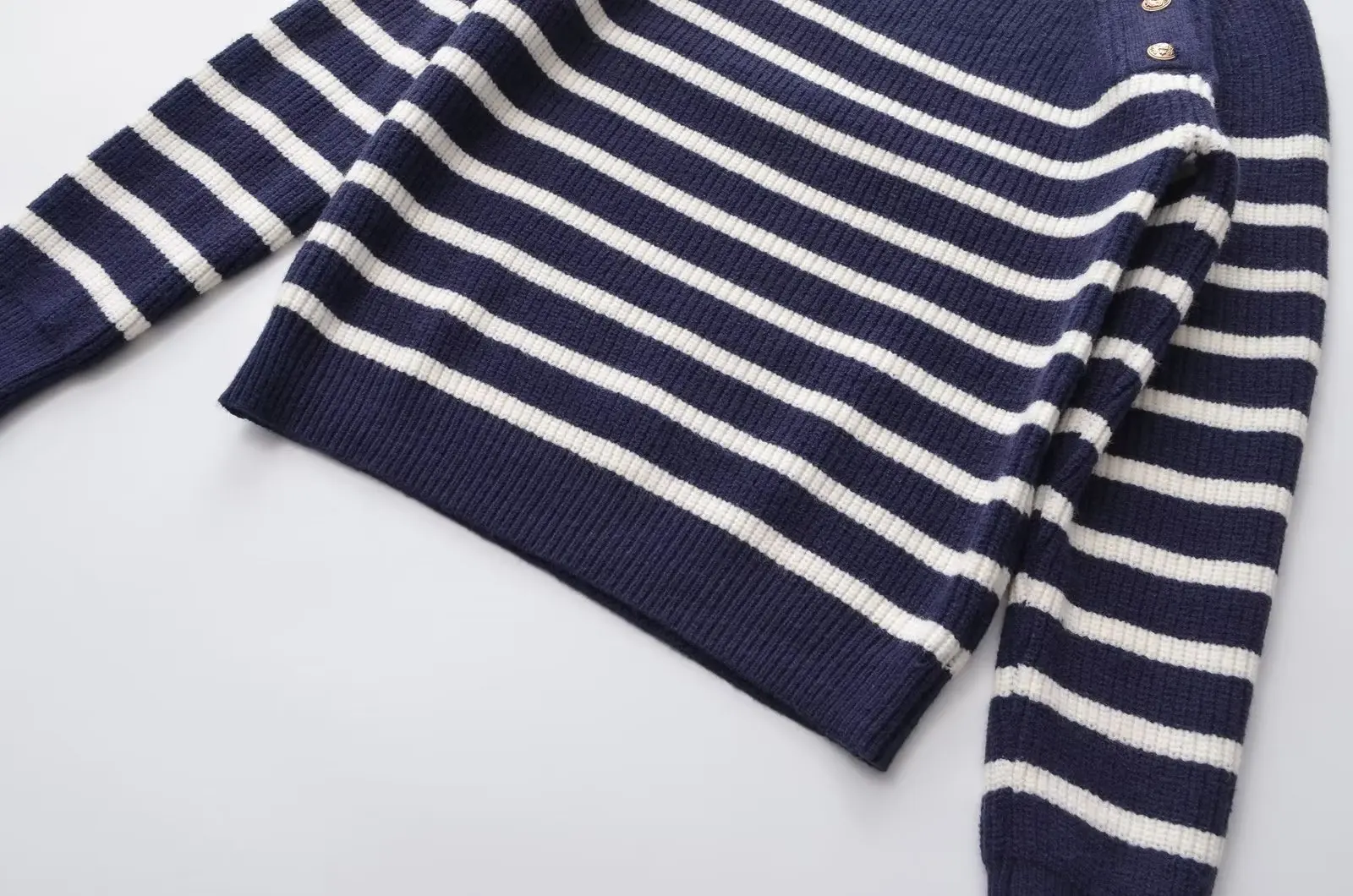 Withered Patchwork Navy Blue French Retro Striped Sweater Winter Button Decoration Fashion Knitwear Women Tops