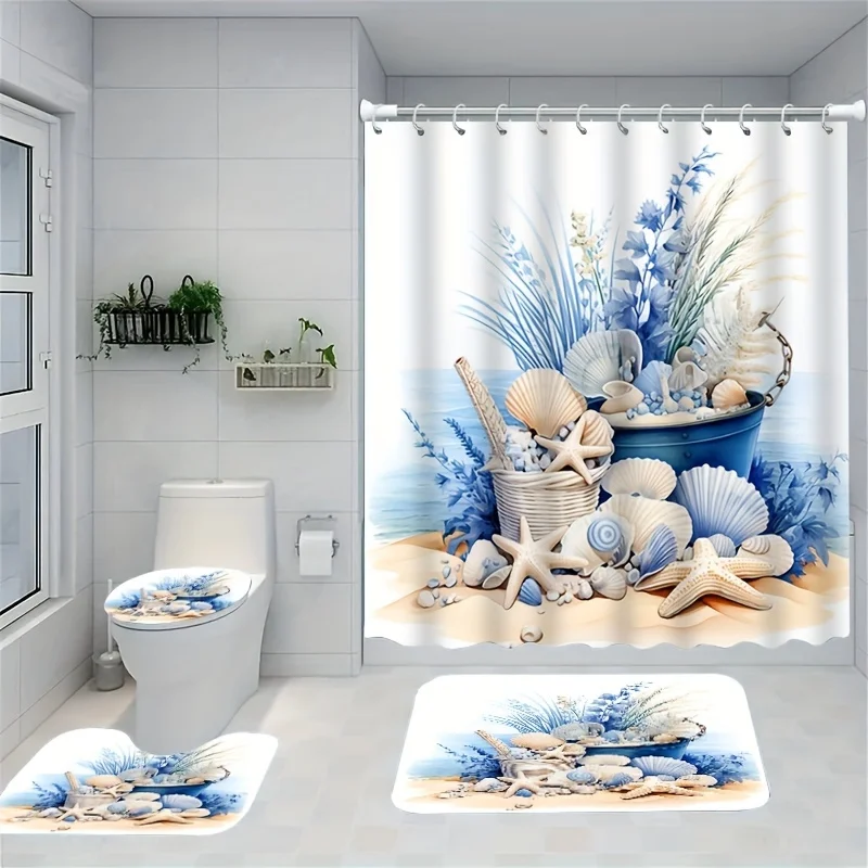 4pcs Retro Elegant 3D Shell Starfish Print Shower Curtain Set, Decorative Bathroom Set Including Waterproof Shower Curtain, No