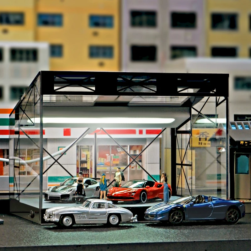 

1:64 Car Showroom Diorama High Transparency Warehouse Garage Parking Lot Light Magnetic Suction Door Scene Decor for Car Model