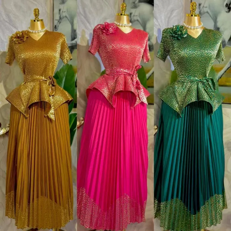 

Miyake Summer Women's Suit Middle East Large Size Stretchy Short Sleeve Top Half Skirt 2 Pieces African Prom Wear Wrinkle-Free