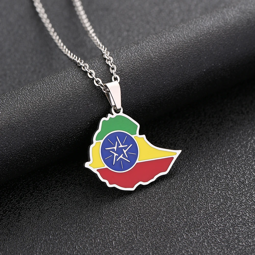 African Ethiopia Map Flag Pendant Necklace Stainless Steel Men Women Gold/Silver Color Country Maps Jewelry Gift