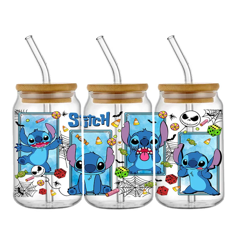 Disney Halloween Mickey Prinzessin Stich 16oz UV Dtf Tasse Wraps Transfer Aufkleber für Glas Libbey kann Flasche wasch bar DIY benutzer definierte