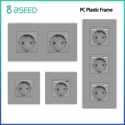 BSEED EU Wall Sockets Single Power Outlets Gray Double Frame Sockets Plastic Panel Triple Power Plugs Kids Protection 16A