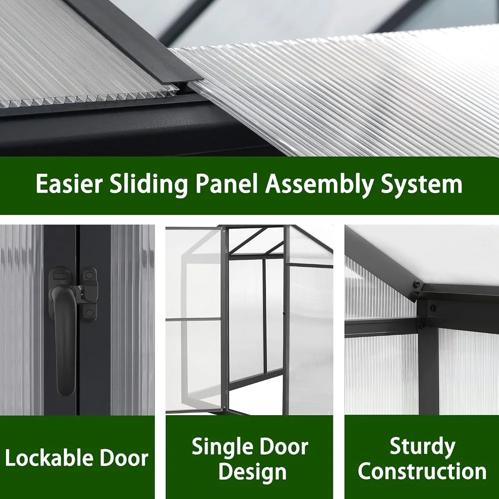 6' x 10' Greenhouse, Polycarbonate Green House with Adjustable Vent, Aluminum Frame, Rivet Structure, Greenhouses