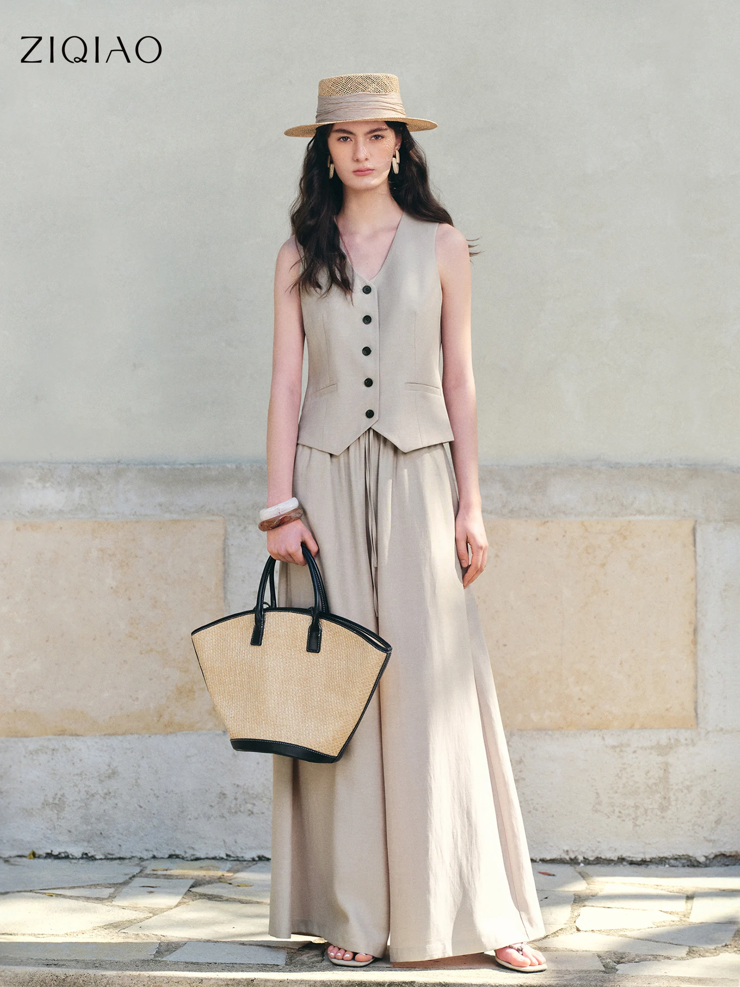 ZIQIAO Damen Old Money Style Tailliertes Oberteil & Weite Hose Set Elastische Hochgeschnittene Rockhose Lässiges Zweiteiler-Outfit