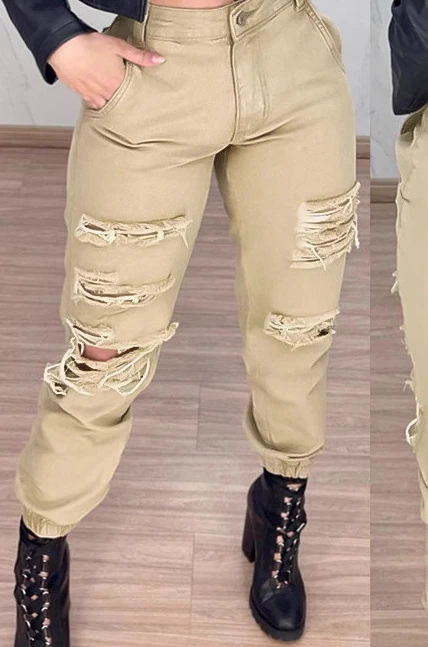 Frauen Khaki Casual Ripped Hohe Taille Krawatte Werkzeug Hosen Knöchel Länge Hosen Taschen