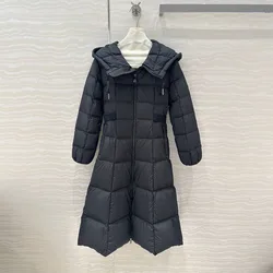 2024 New Fashion Winter Warm 90% White Goose Down Long Coat Women Hooded Long Sleeve Solid Plaid Quilting Slim Belt Thick Jacket