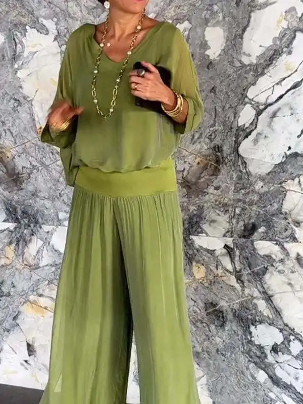 Elegant Chiffon Wide-leg Pants Two-piece Set Women 2024 Spring Half Sleeve Solid Loose Outfit Summer V Neck Backless Casual Suit