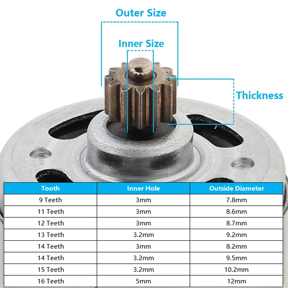 Motor Gear 9/11/12/13/14/15/16 Teeth Replaceable Motor Gears for RS550 10.8V/12V/14.4V/16.8V/18V/21V DC Motor For Fan Tools Toy