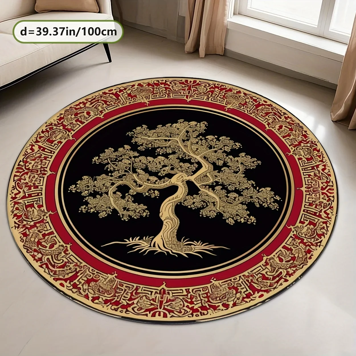 Round Flannel Rug With Golden Tree And Red Border Pattern Ancient Chinese Style Home Decoration Soft Non Slip Area Carpet