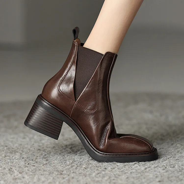 

Vintage Brown Leather Women Chelsea Boots Square Toe Short Autumn Botas Chic Design Black Winter Ankle Riding Botines Femininos