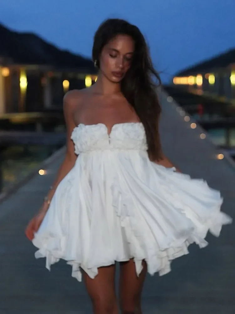 Moda feminina 3d flor azul em camadas babados sem alças mini vestido sexy senhora sem costas sem mangas vestidos nova senhora beach wear