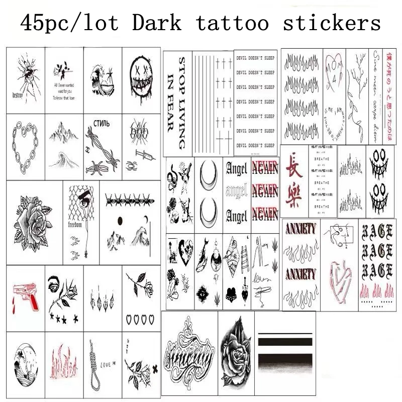 45pc/Lot Dark Back Hand Waterproof Temporary Stickers Fake Tattoos Male Thorns Cool Eye Flame Personality Neck Half Arm Tattoo