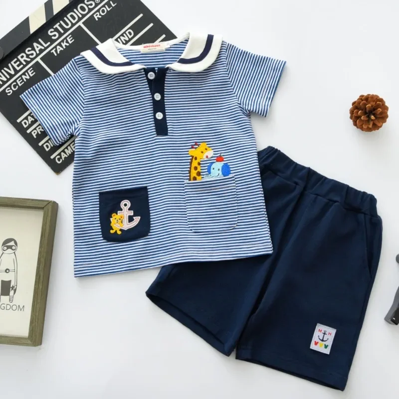 Summer New Kids Sets Two Piece Pant Set Japanese Children\'s Clothing Little Bear Stripe Short Sleeve Set Baby Boy Clothes