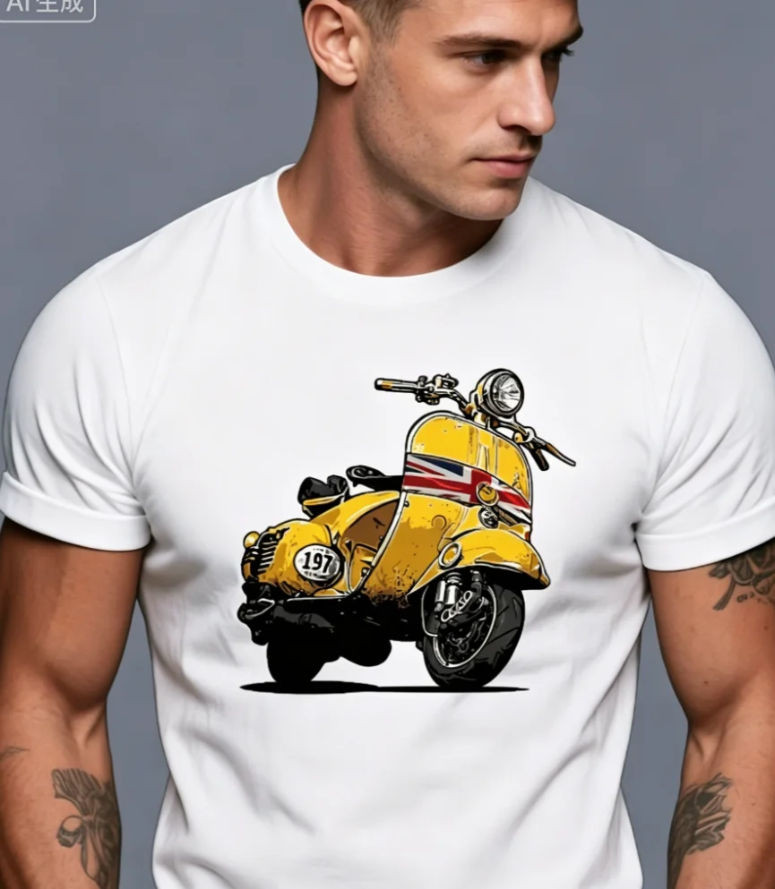Men'S Classic British Scooter Graphic T-Shirt Yellow Casual Summer Tee with Vintage Motorcycle Crew Neck Short Sleeve Casual
