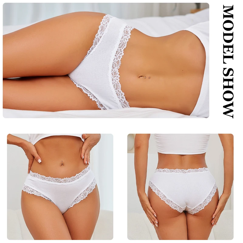 FINETOO 3Pcs/set Women's Cotton Briefs Lace Floral Underwear Low Waist Panties Sexy Striped Breathable Panties Comfort Lingerie