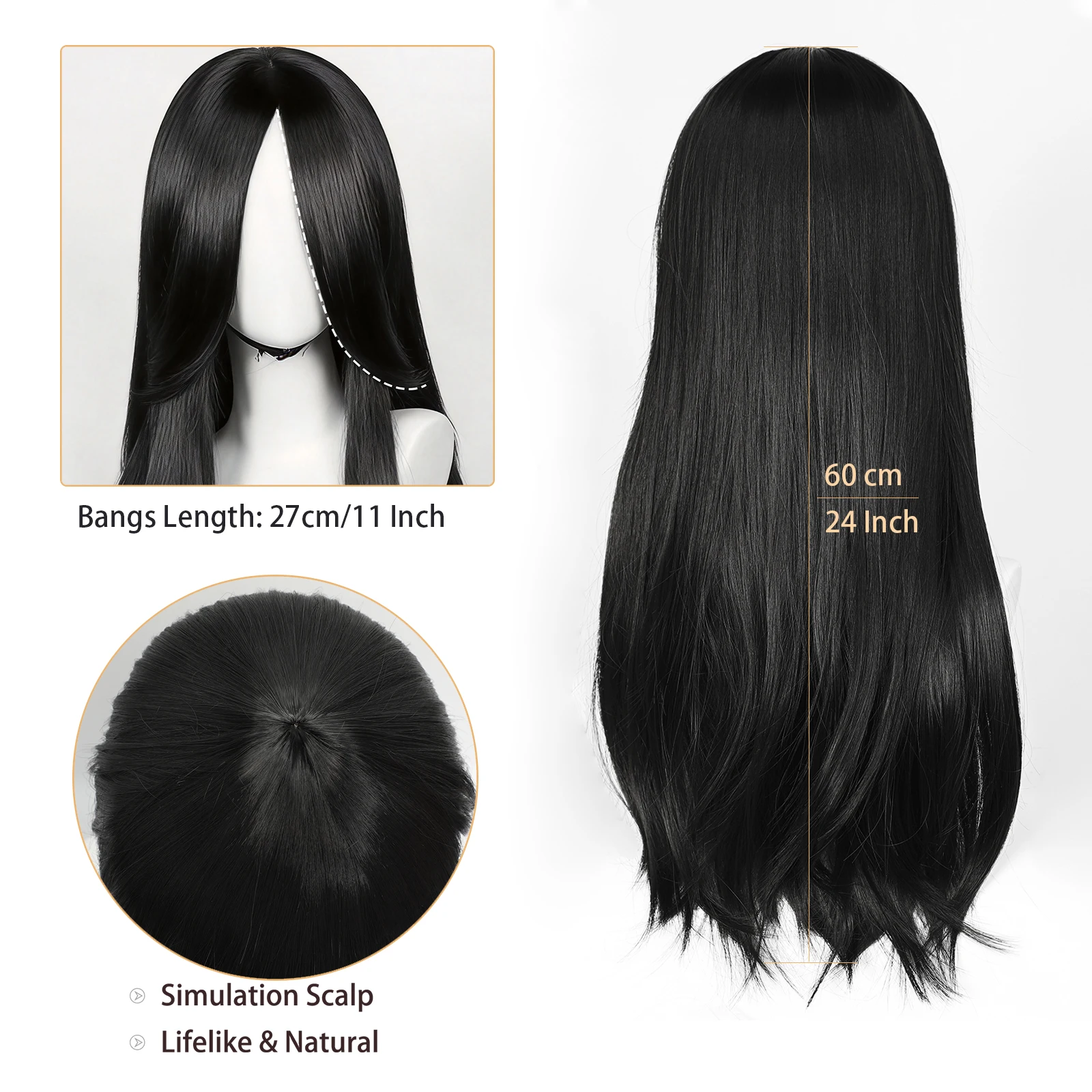 60cm/24 Inch Universal Cosplay Wig with Curtain Bangs Straight Heat Resistant Synthetic DIY Styling Base Wig for Halloween Comic