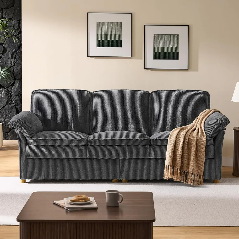 أريكة سروال قصير حديثة بثلاثة مقاعد في منتصف القرن لغرفة المعيشة مع مساند للذراعين ذات وسادة علوية ووسائد مزدوجة الطبقات