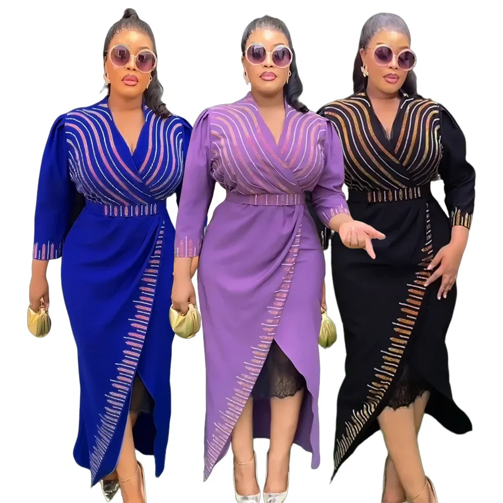 African Dresses for Women Party Long Robe Tight Waist Sashes V Neck Lace Split Dress Elegant Temperament A Line Africa Vestidos