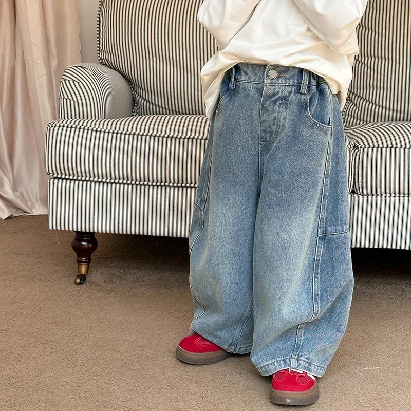 ילדים בגדים בסגנון קוריאני אופנה ג 'ינס רופף ג' ינס 2024 סתיו חדשים בנים ובנות מזדמנים צבע אחיד פשוט כל התאמת ג 'ינס