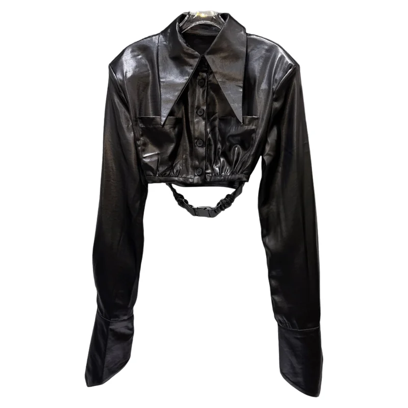 

Trendy Sweet And Spicy Girl Pointed Collar Tie Design Satin Ultra Long Sve irt Women's Faion 2025 Autumn New Arrival