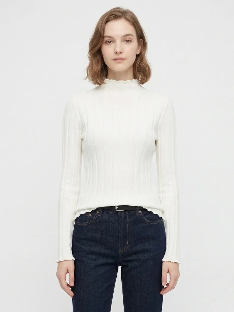 Mock Neck Cotton Sweater Women Basic Wide Ribbed Tops Knitted Pullovers Autumn