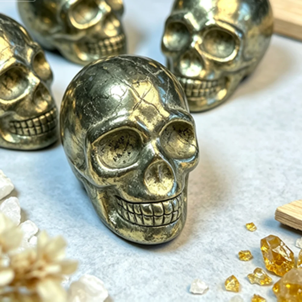Natural Pyrite Hand Carved Mini Skull Statue  Mineral Specimen Desktop Home Decor Festival Collectible Gift