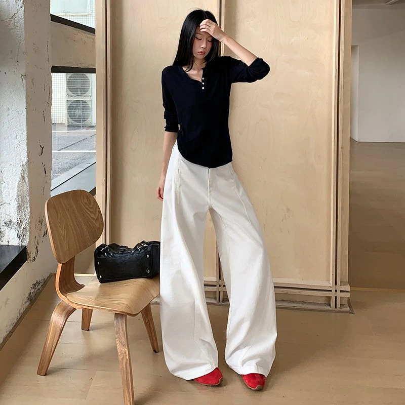 ZHISILAO New White Wide Leg Flare Cargo Jeans Donna Vintage Casual Piano Lunghezza Pantaloni in denim Streetwear 2025 Estate