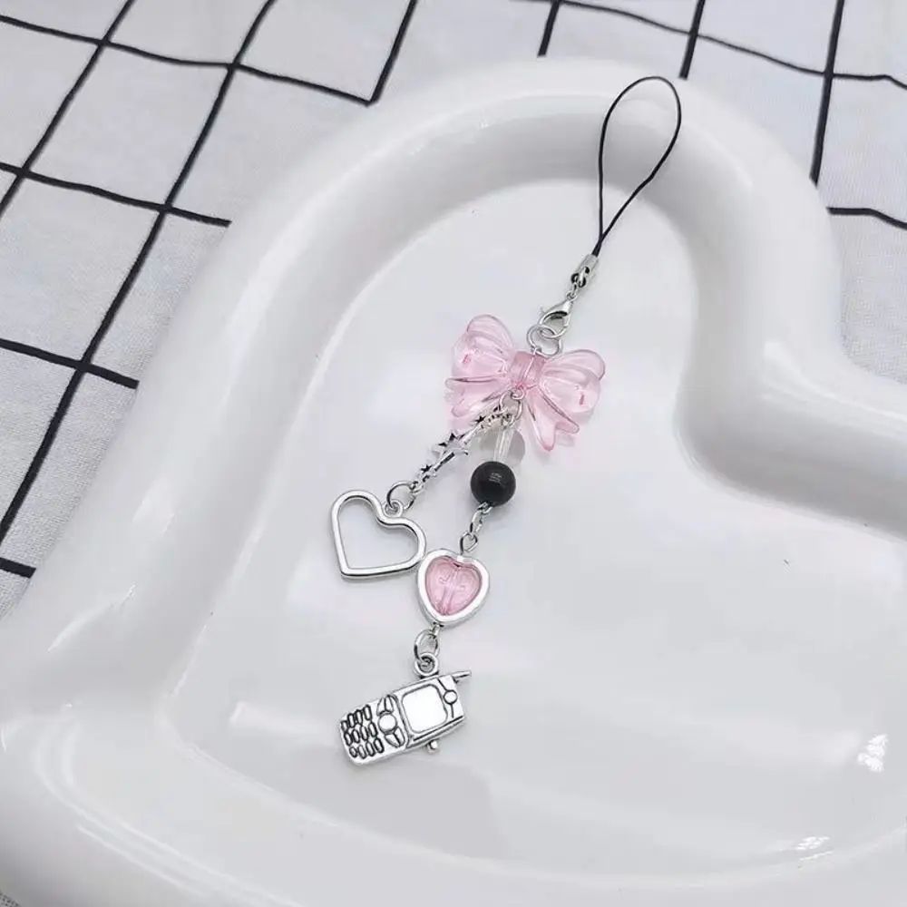 Bow Cell Phone Rope Chain Anime Pendant Y2K Beaded Beads Chain Pink Handmade Beads Strand Choker Key Chain Phone Charm Key Chain