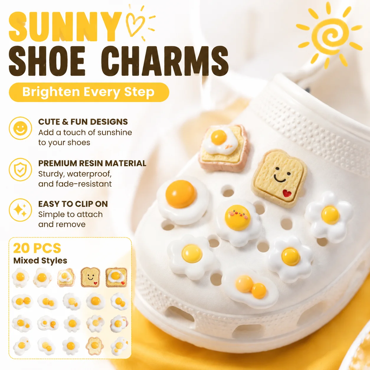 20pcs Mixed Cartoon Toast & Fried Egg Resin Shoe Charms - Cute Breakfast Decor for Clogs & Beach Bags