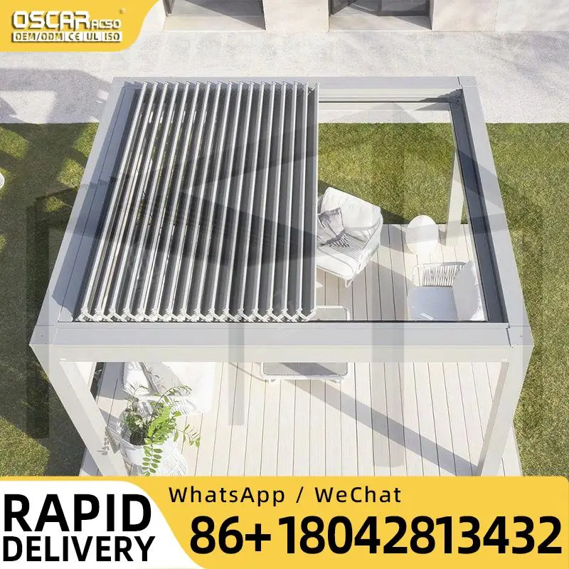 Adjustable Outdoor Aluminum Pergola with Retractable Roof Luxury Motorized Garden Balcony Pavilion Louver Pergola