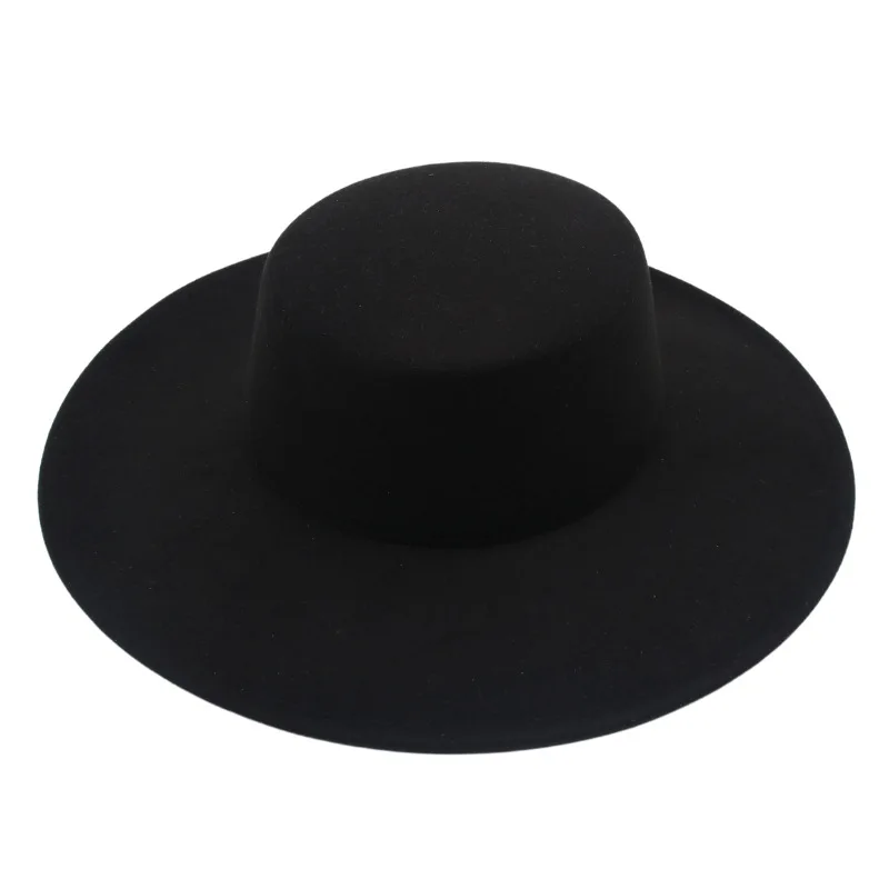 Wollen Klassieke Effen Kleur Vrouwen Fedora Hoeden Gentleman Jazz Voor Mannen Retro Kerk Dame Platte Brede Grote Rand Jurk Ronde Top Vilten Hoed