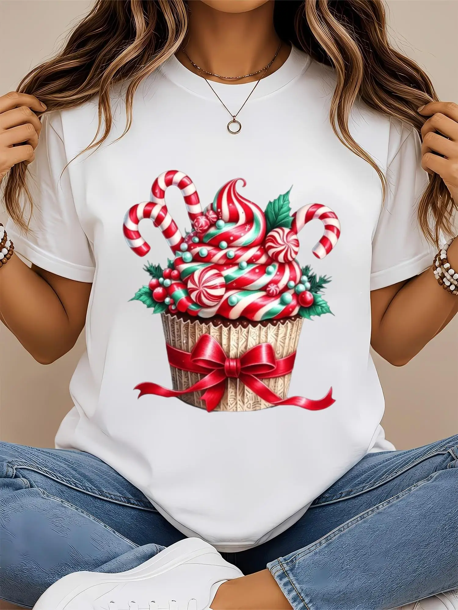 Christmas Cupcake Sweet Cream Frosting Candy Cane Graphic Tee with Holly Berry Dessert Top Round Neck Aesthetic Clothes