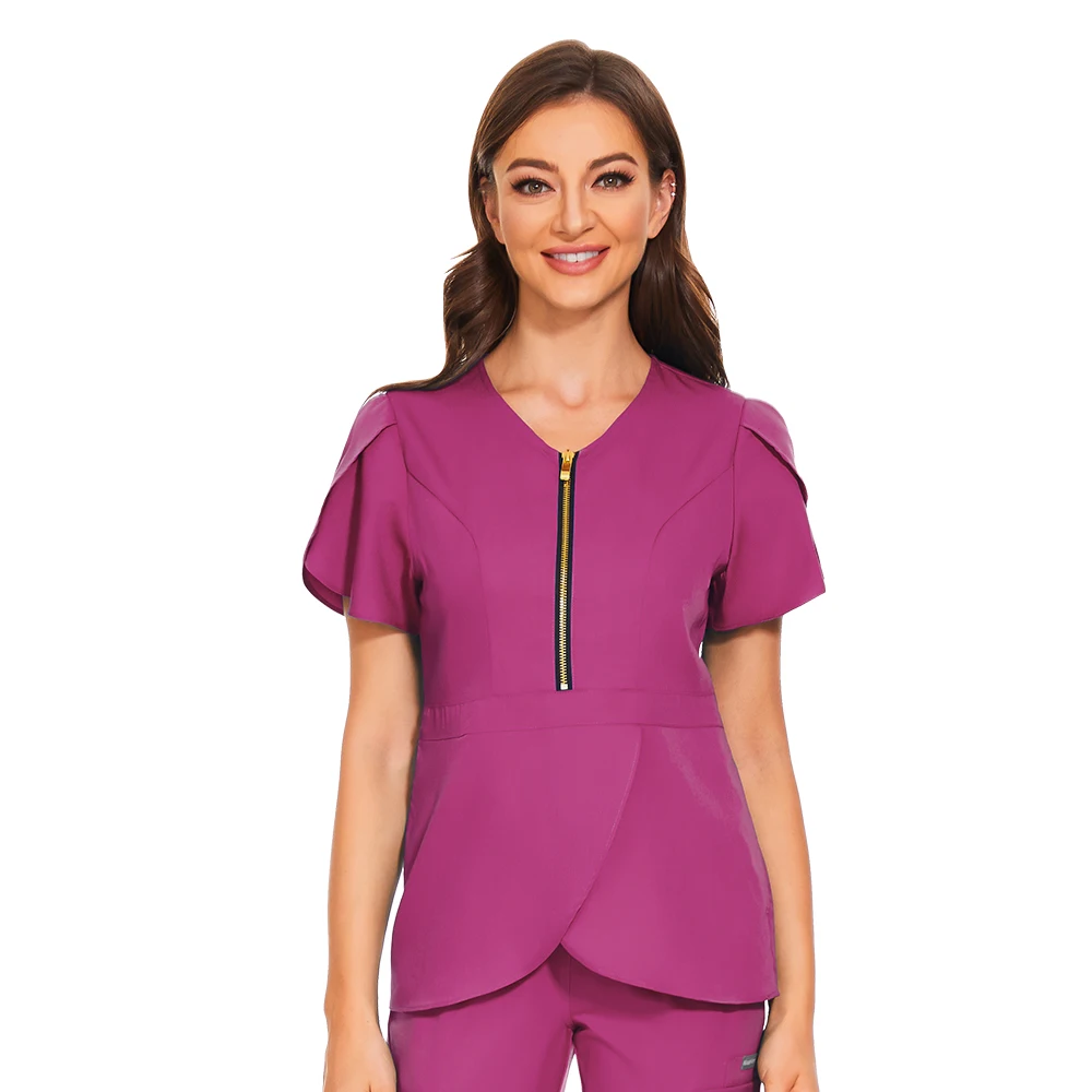 Scrub oversize top per donna Spa dentista Scrub clinico uniforme tinta unita manica corta con scollo a v camicetta Pet Shop Costume da infermiera