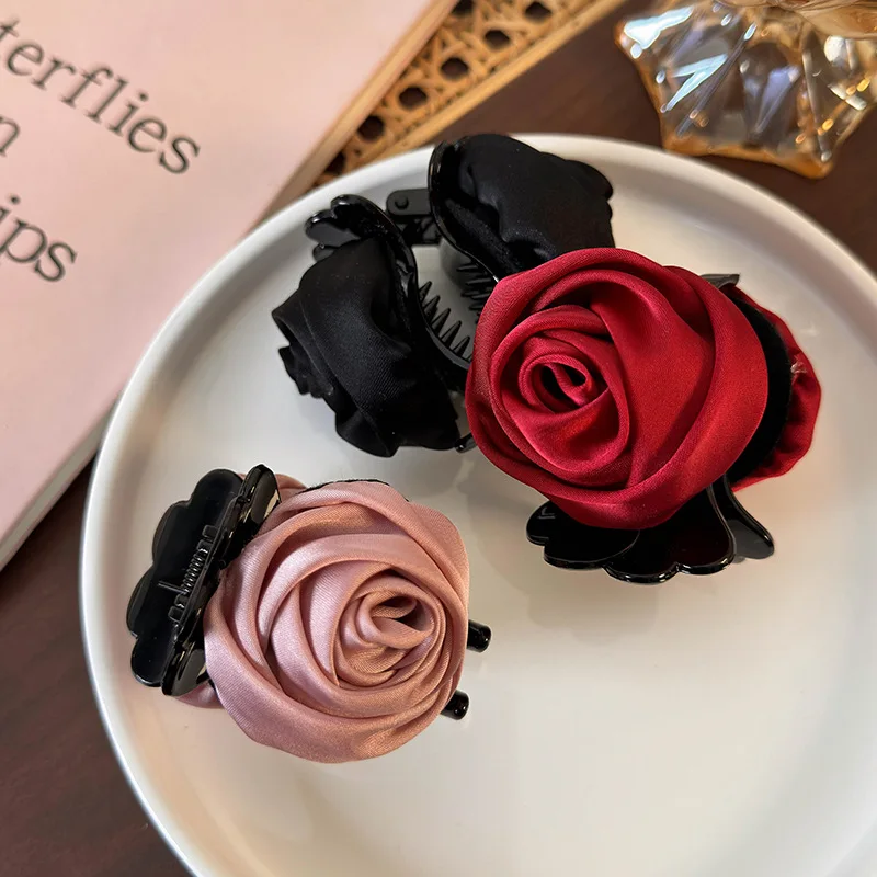 Retro New Handmade Satin Rose Flower Hair Clip Geometry Hair Claw for Women Girl Elegant Hairpin Crab Barrettes Hair Accessories