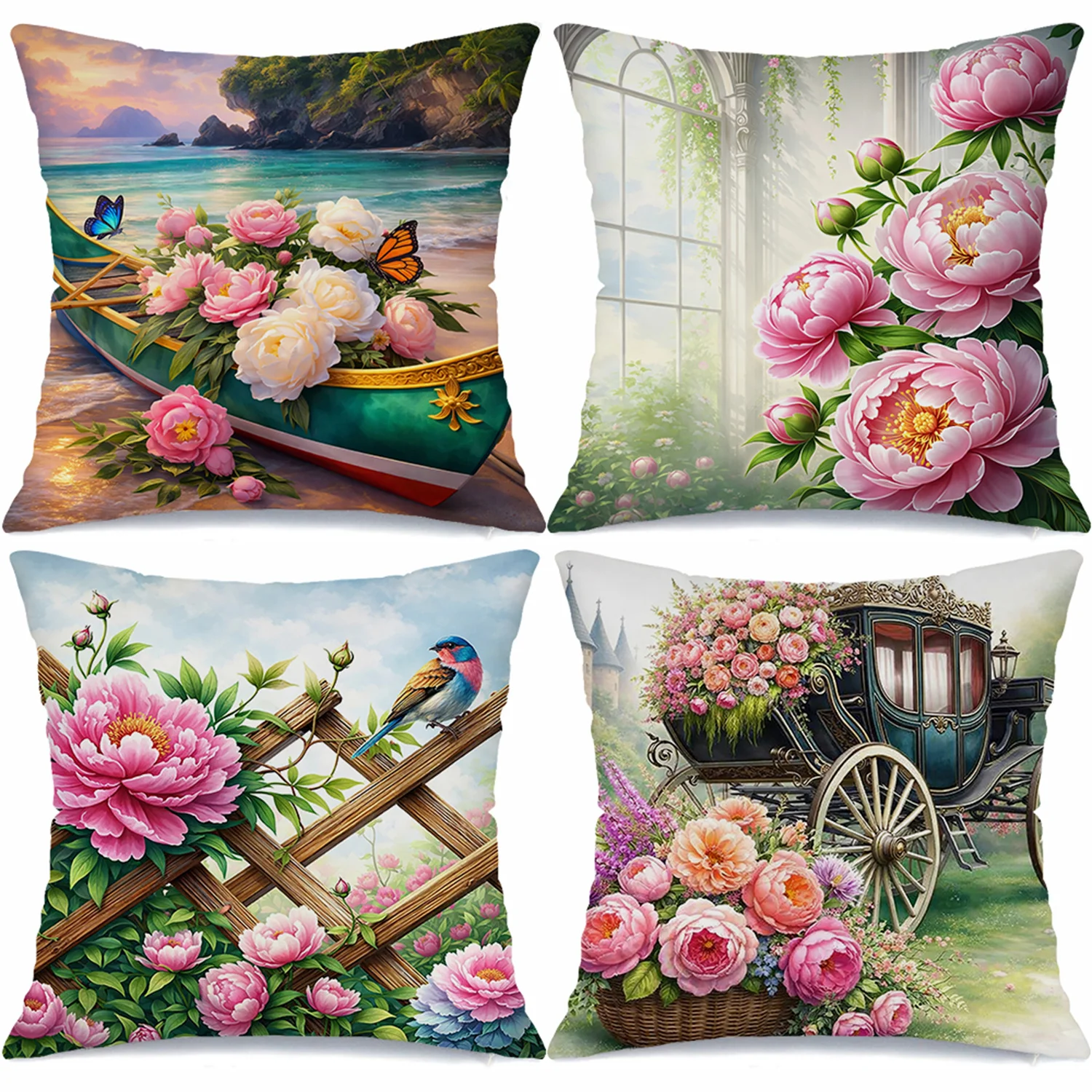 

Floral boat peony blue bird carriage printing pillow cover double-sided Printede living rooms bedrooms sofas throw cushion cover